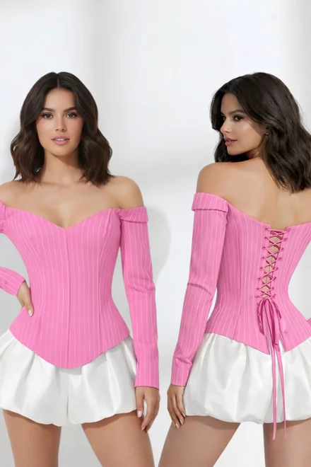 Rochie De Dama, din Doua Piese, Corset Reglabil din Bistrech si Fusta Bumbac, Nissa, Roz