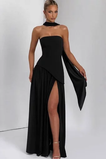 Rochie de Dama, din Doua Piese, Fara Maneci, Crapata pe Picior si Esarfa, Night Velvet, Neagra