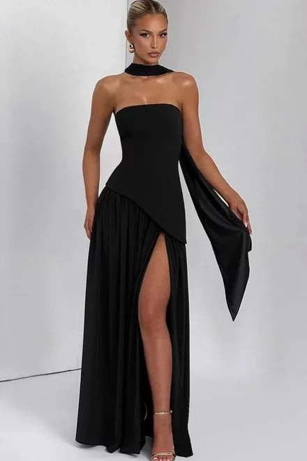 Rochie de Dama, din Doua Piese, Fara Maneci, Crapata pe Picior si Esarfa, Night Velvet, Neagra