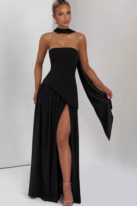 Rochie de Dama, din Doua Piese, Fara Maneci, Crapata pe Picior si Esarfa, Night Velvet, Neagra