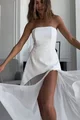 Rochie de Dama, din Doua Piese, Top Croit pe Sani din Bistrech, cu Forma Alungita pe un Lateral si Fusta Lunga din Voal, Mireasa, Alb