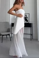 Rochie de Dama, din Doua Piese, Top Croit pe Sani din Bistrech, cu Forma Alungita pe un Lateral si Fusta Lunga din Voal, Mireasa, Alb