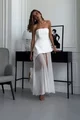 Rochie de Dama, din Doua Piese, Top Croit pe Sani din Bistrech, cu Forma Alungita pe un Lateral si Fusta Lunga din Voal, Mireasa, Alb