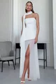 Rochie de Dama, din Doua Piese, Top Croit pe Sani din Bistrech, cu Forma Alungita pe un Lateral si Fusta Lunga din Voal, Mireasa, Alb