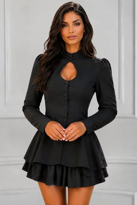 Rochie de Dama, din Doua Piese, Top cu Maneci Lungi si Fusta, din Bistrech, Melynia, Negru