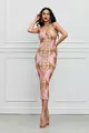 Rochie   de Dama, din Lycra, cu Bretele Lant si Crapatura la Spate, Nathifa, Print Baroque, Roz Pudra