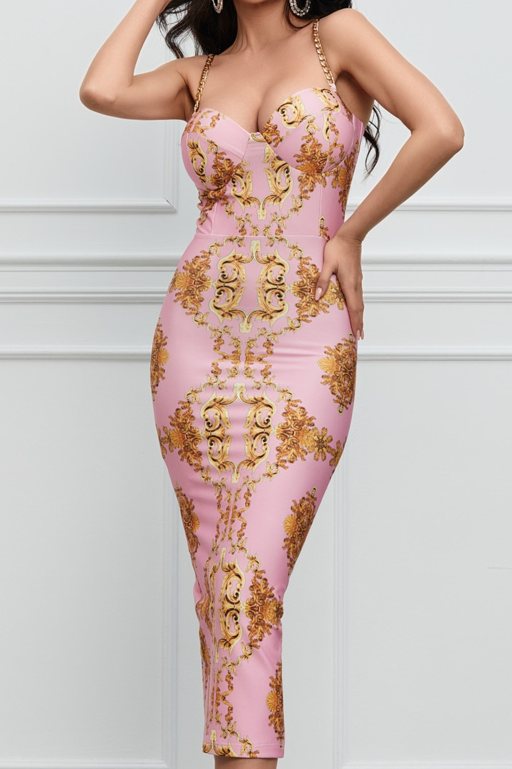 Rochie de Dama, din Lycra, cu Bretele Lant si Crapatura la Spate, Nathifa, Print Baroque, Roz Pudra - Rochii-Dama.ro