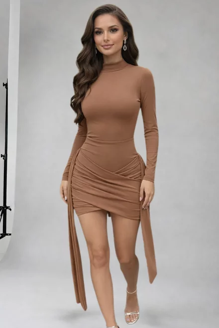 Rochie de Dama, din Lycra, cu Maneci Lungi si Cordoane, Kirra, Camel