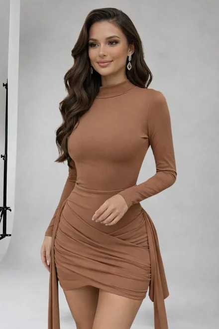  Rochie de Dama, din Lycra, cu Maneci Lungi si Cordoane, Kirra, Camel
