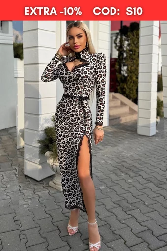Rochie de Dama, din Lycra,  Decupata pe Picior si Accesorizata cu Dantela pe Tiv, Zannet, Leopard Print