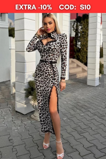 Rochie de Dama, din Lycra,  Decupata pe Picior si Accesorizata cu Dantela pe Tiv, Zannet, Leopard Print