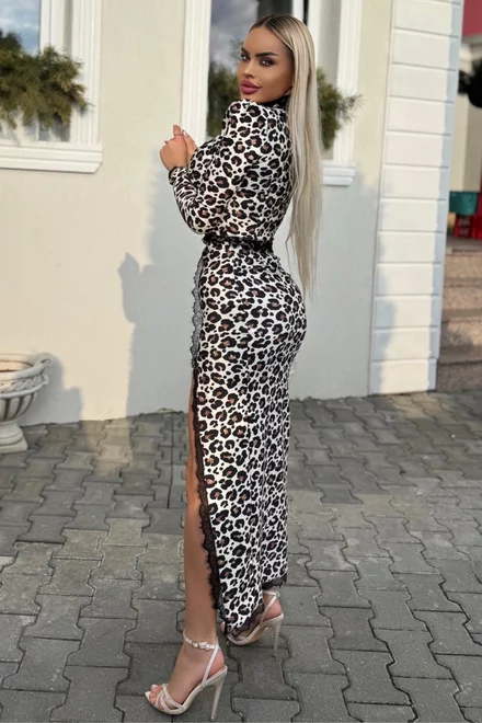 Rochie de Dama, din Lycra,  Decupata pe Picior si Accesorizata cu Dantela pe Tiv, Zannet, Leopard Print
