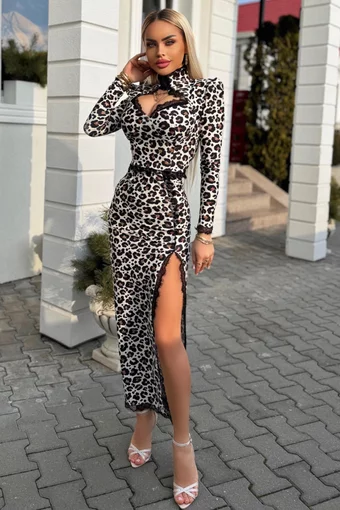 Rochie de Dama, din Lycra,  Decupata pe Picior si Accesorizata cu Dantela pe Tiv, Zannet, Leopard Print