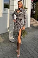 Rochie de Dama, din Lycra,  Decupata pe Picior si Accesorizata cu Dantela pe Tiv, Zannet, Leopard Print