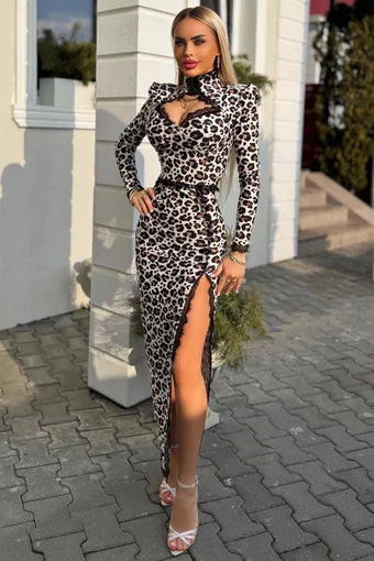 Rochie de Dama, din Lycra,  Decupata pe Picior si Accesorizata cu Dantela pe Tiv, Zannet, Leopard Print