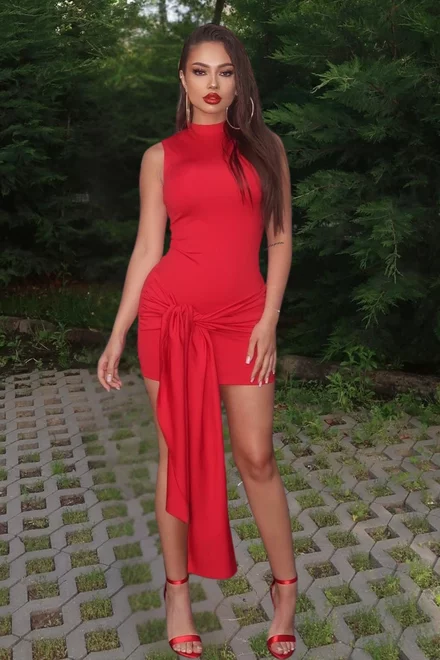 Rochie de Dama, din Lycra Premium, Scurta, cu Maneci Lungi, Bomb, Rosie