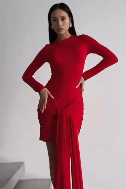 Rochie de Dama, din Lycra Premium, Scurta, cu Maneci Lungi, Gold, Rosie