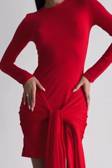 Rochie de Dama, din Lycra Premium, Scurta, cu Maneci Lungi, Gold, Rosie