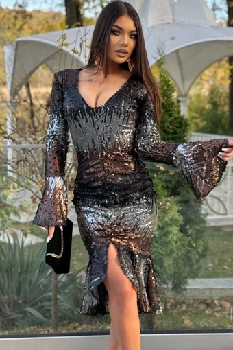 Rochie de Dama, din Paiete, cu Maneci Tip Clopot si Inchidere Fermoar, Veress, Multicolora
