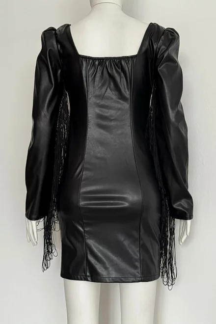 Rochie de Dama, din Piele  Ecologica, cu Maneci Accesorizate cu Franjuri, cu Cupe si Inchidere Fermoar, Cory, Neagra
