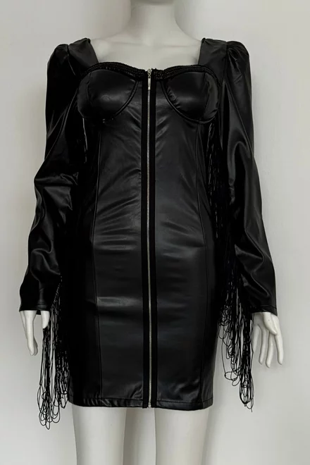 Rochie de Dama, din Piele  Ecologica, cu Maneci Accesorizate cu Franjuri, cu Cupe si Inchidere Fermoar, Cory, Neagra
