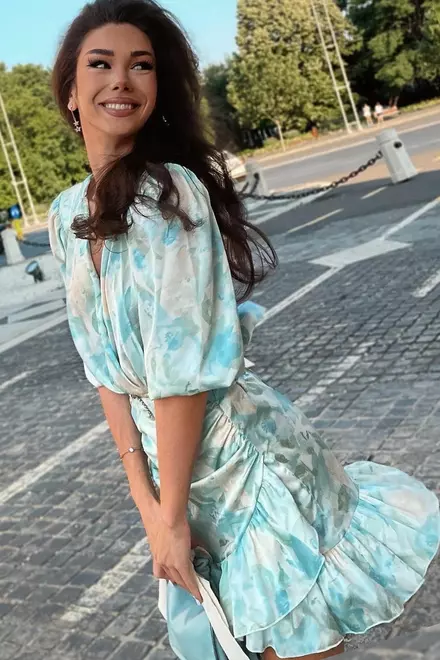 Rochie de Dama, din Satin, cu Maneci Bufante si Centura cu Funda la Spate, Print Floral, Demetrys, Multicolor