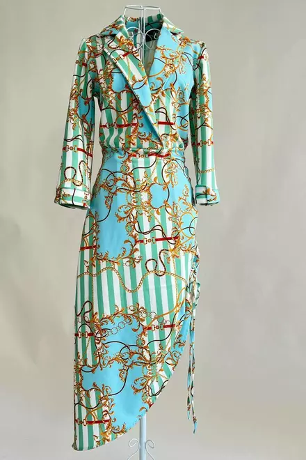 Rochie de Dama din Satin, cu Maneci Trei Sferturi si Snur Reglabil,  Cu Imprimeu, Pandora, Multicolor 