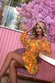 Rochie  de Dama din Tesatura Tip In, cu Maneci Detasabile si Fusta - Pantalon, Limoncello, cu Imprimeu Lamai pe Fond Portocaliu