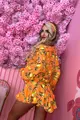 Rochie  de Dama din Tesatura Tip In, cu Maneci Detasabile si Fusta - Pantalon, Limoncello, cu Imprimeu Lamai pe Fond Portocaliu