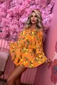 Rochie  de Dama din Tesatura Tip In, cu Maneci Detasabile si Fusta - Pantalon, Limoncello, cu Imprimeu Lamai pe Fond Portocaliu