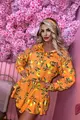 Rochie  de Dama din Tesatura Tip In, cu Maneci Detasabile si Fusta - Pantalon, Limoncello, cu Imprimeu Lamai pe Fond Portocaliu