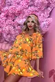 Rochie  de Dama din Tesatura Tip In, cu Maneci Detasabile si Fusta - Pantalon, Limoncello, cu Imprimeu Lamai pe Fond Portocaliu