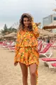 Rochie  de Dama din Tesatura Tip In, cu Maneci Detasabile si Fusta - Pantalon, Limoncello, cu Imprimeu Lamai pe Fond Portocaliu