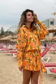 Rochie  de Dama din Tesatura Tip In, cu Maneci Detasabile si Fusta - Pantalon, Limoncello, cu Imprimeu Lamai pe Fond Portocaliu
