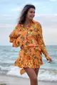 Rochie  de Dama din Tesatura Tip In, cu Maneci Detasabile si Fusta - Pantalon, Limoncello, cu Imprimeu Lamai pe Fond Portocaliu