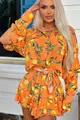 Rochie  de Dama din Tesatura Tip In, cu Maneci Detasabile si Fusta - Pantalon, Limoncello, cu Imprimeu Lamai pe Fond Portocaliu