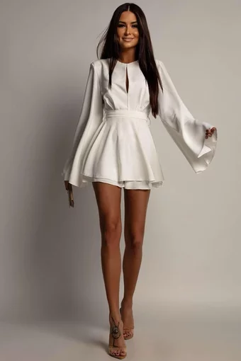 Rochie de Dama, din Voal Mat, cu Fusta Pantalon si Maneci Lungi Evazate, Sunset, Alba