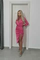 Rochie de Dama Eleganta, din Satin cu Siret pe Crapatura, si Maneci Lungi,Light Roz