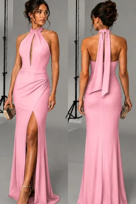 Rochie de Dama, Lunga, Crapata pe Picior, Fara Maneci, din Lycra, Serenity, Roz