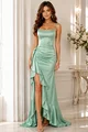 Rochie de Dama, Lunga, cu Inchidere Fermoar si Decupaj pe Picior, din Satin, Noelle, Verde