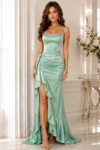 Rochie de Dama, Lunga, cu Inchidere Fermoar si Decupaj pe Picior, din Satin, Noelle, Verde