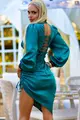 Rochie de Dama OXLINE Eleganta, de Ocazie, din Satin cu Siret si Dantela, Verde Turquoise