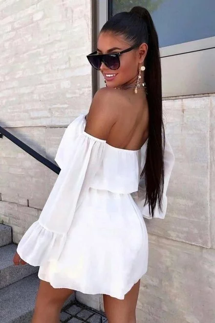 Rochie de Dama, pe Umeri, cu Maneci Lungi, Evazate, si Elastic in Talie, Palomita, Alba