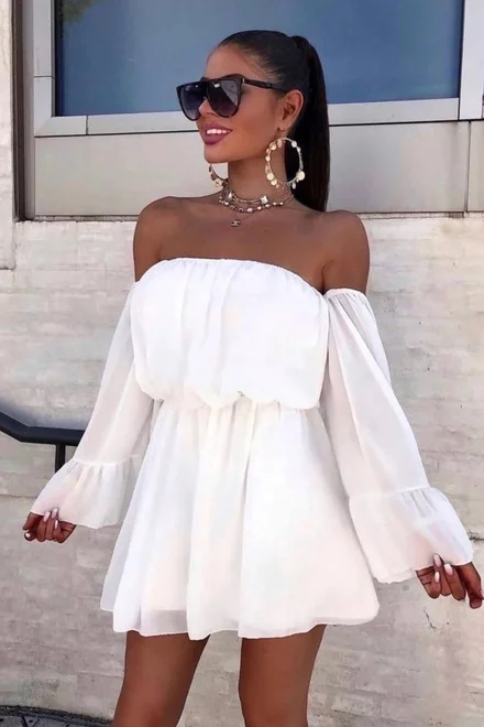 Rochie de Dama, pe Umeri, cu Maneci Lungi, Evazate, si Elastic in Talie, Palomita, Alba