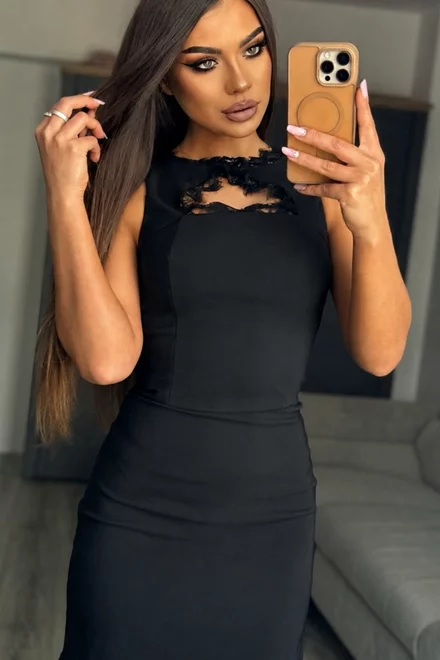  Rochie de Dama, Scurta, Accesorizata cu Dantela Neagra, din Lycra, Calyo, Neagru