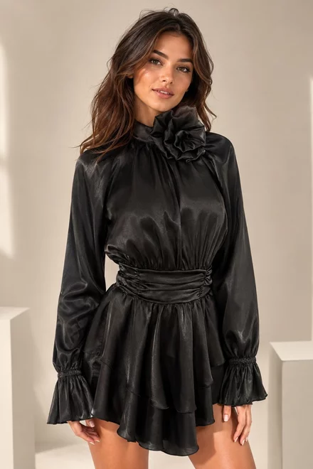 Rochie de Dama, Scurta, cu Maneci Lungi si Volane, din Satin, Xalya, Neagru