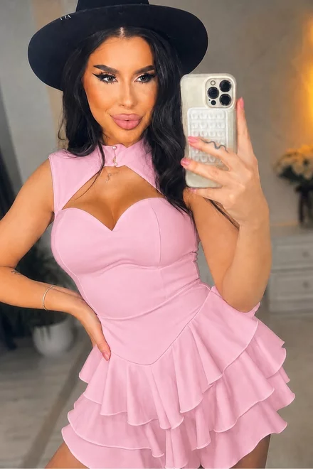 Rochie  de Dama, Scurta cu Volane,Usor Asimetrica ,Angel ,Roz