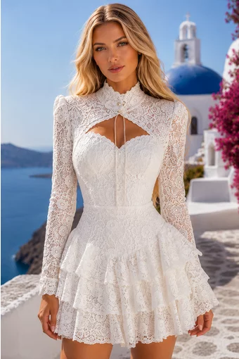 Rochie de Dama, Scurta ,din Dantela ,cu Fermoar ,Selly, Ivoire 