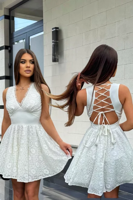 Rochie de Dama ,Scurta, din Dantela , cu Siret Reglabil , Melly, Alba 