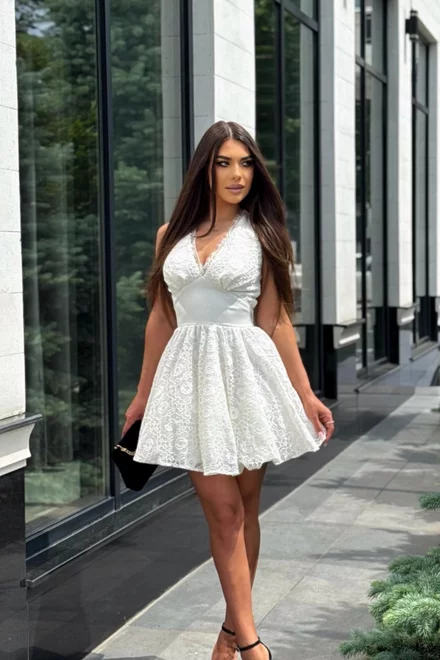 Rochie de Dama ,Scurta, din Dantela , cu Siret Reglabil , Melly, Alba 
